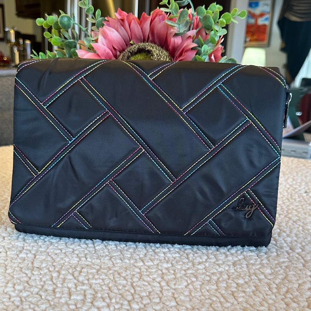 Lug Huddle Black Quilted Front Clutch/Tote Bag with Multicolor Rainbow Stitching